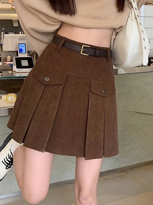 HOUZHOU Pleated Skirt Corduroy Vintage Casual Mini Skirts Women High Waist Y2k Chic A-LINE Belt Autumn Winter Korean Fashion